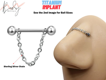 Titanium Nose Bridge Barbell Studs - Sterling Silver Chain Bridge Piercing with Straight Barbell Body Piercing Nipple Bar, Nose Chain