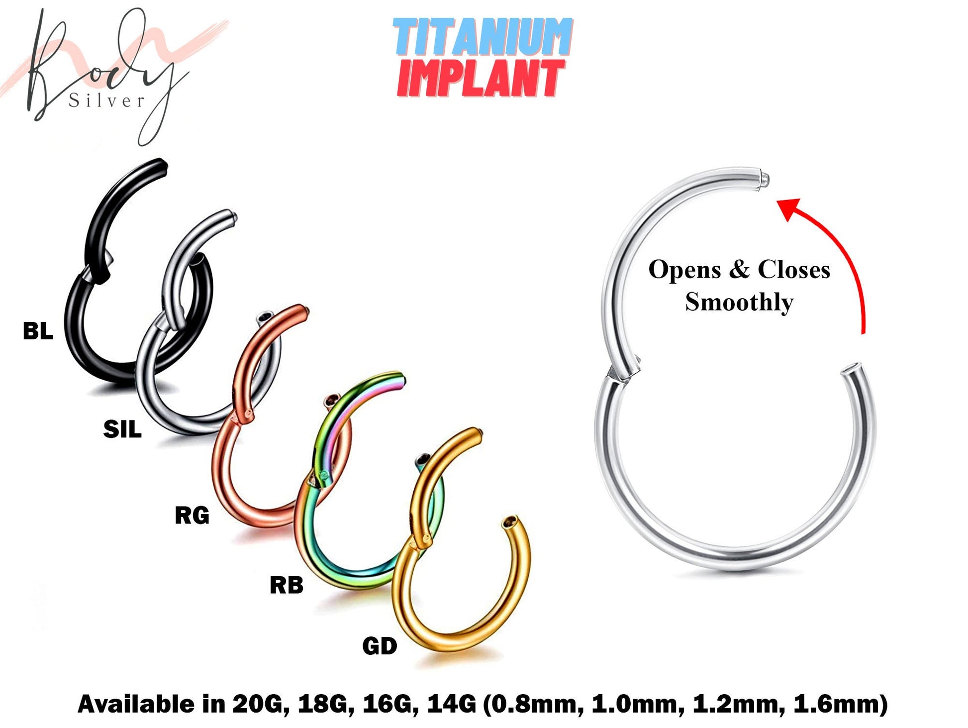 Titanium Clicker Ring / Nose Ring - Color Clicker Cartilage Hoop Body Piercing for Ear Lobe, Tragus, Cartilage, Lip Ring