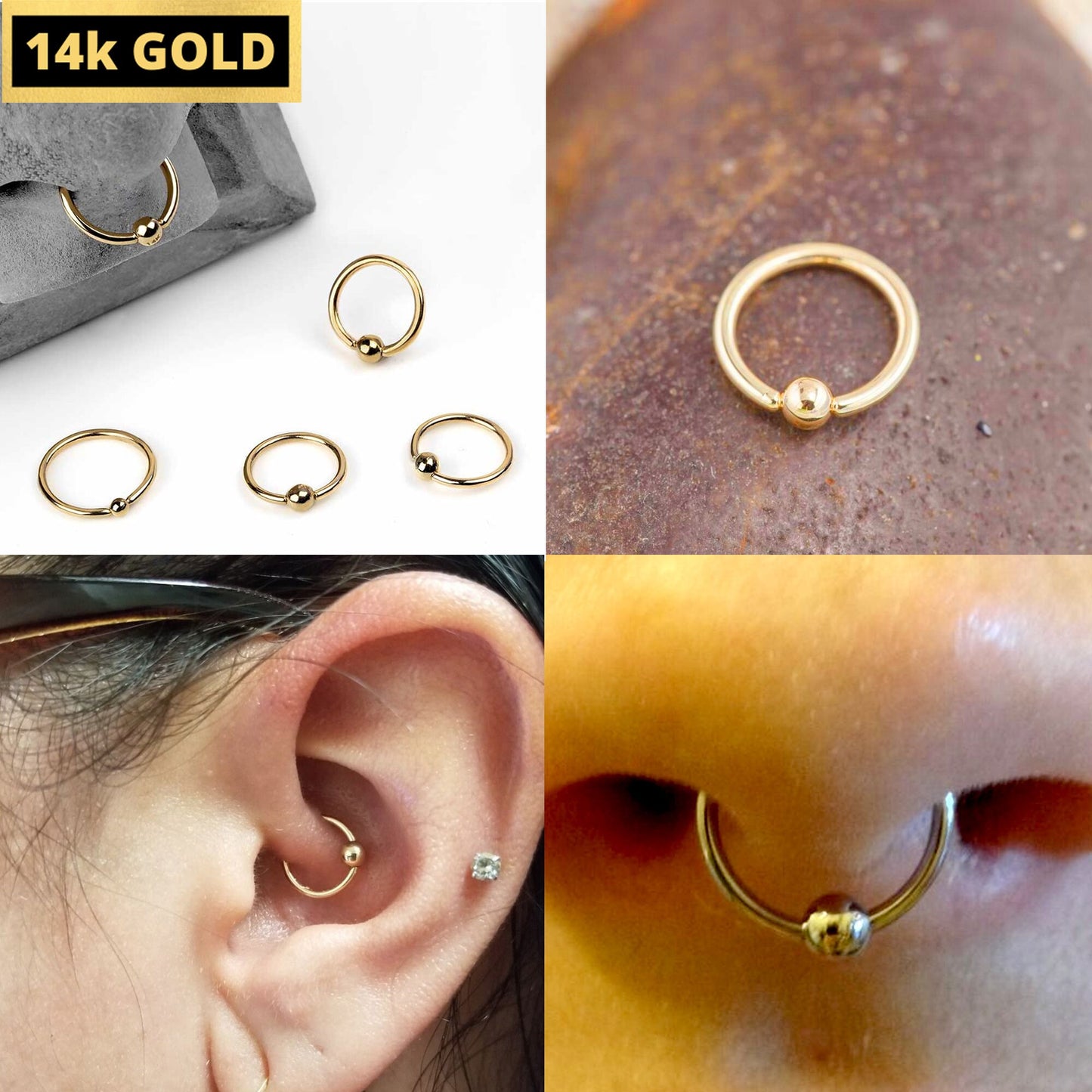 14K Gold Captive Bead Ring Piercing Ball Closure Ring (BCR) for Septum, Eyebrow, Nipple, Lip, Nose - 14g & 16g -6mm to 18mm