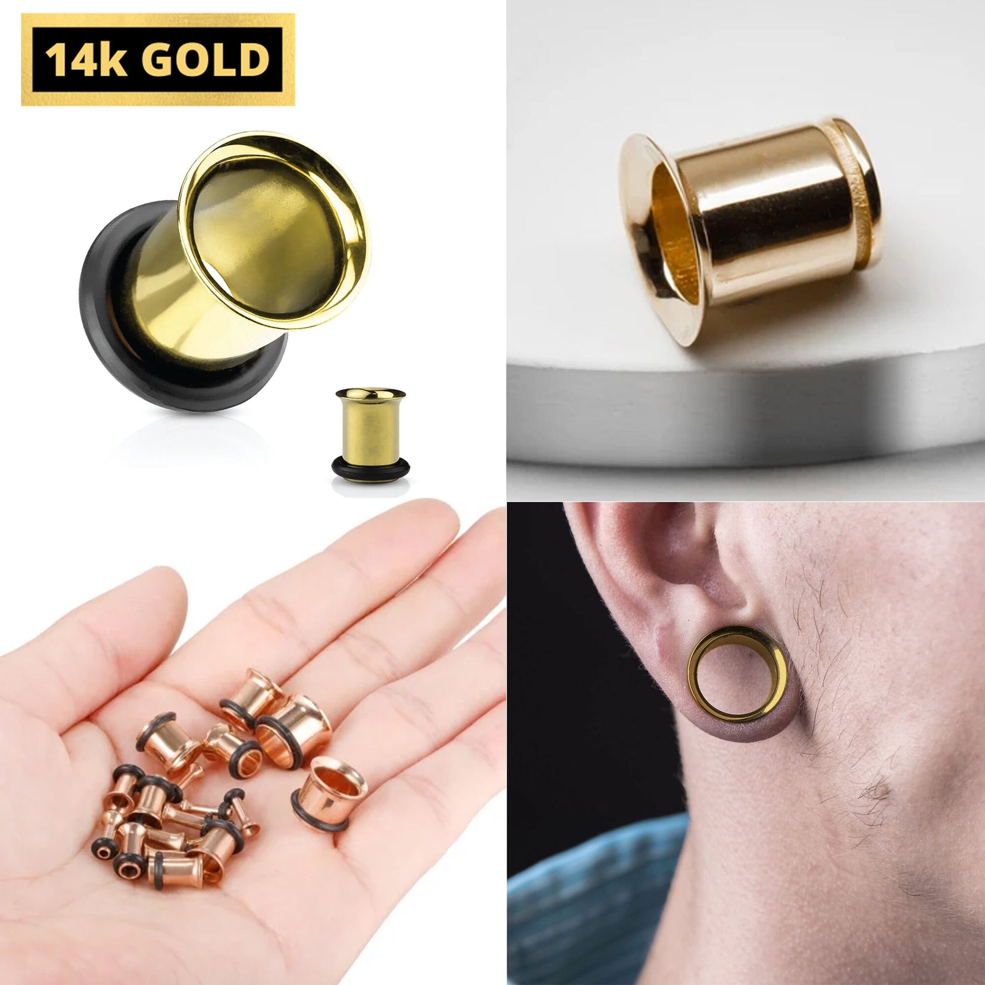 Single Flared Plugs with Grooves - 14K Gold - Ear Tunnel Stretcher Plug, Single Flare Eyelet - Expander Body Piercing