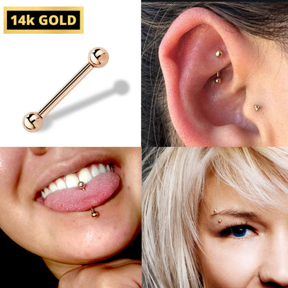 14K Gold Barbell Piercing, Barbell Earring - 12G (2.0mm) Length is 12mm to 16mm - Piercing for Tongue, Daith, Helix, Tragus, Eyebrows stud