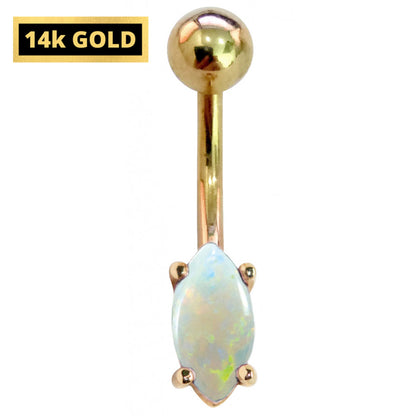 Belly Bar with Real Semi Precious Gem Stone - 14K Gold Marquise Cut Designer Belly Button Ring - Fine Jewellery Hand Set & Hand Polished