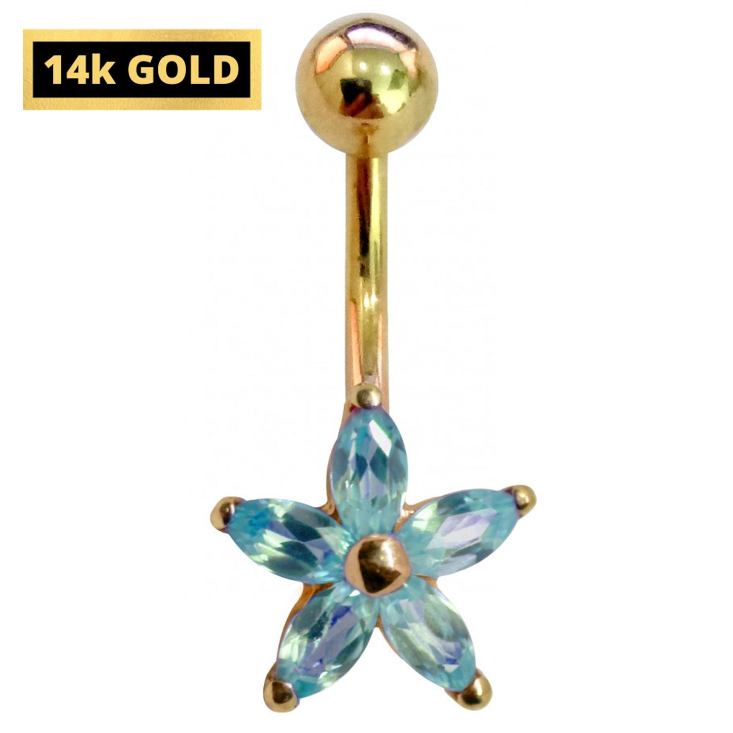 Flower Belly Bar - Solid 14K Gold Petal Designer Navel Belly Ring - Highest Quality Crystals Hand Set & Polished -For somebody Very Special