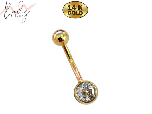 14K Gold Jeweled Belly Bar Solid Gold Designer Belly Button Ring - Best in Gold Body Piercing Jewelry