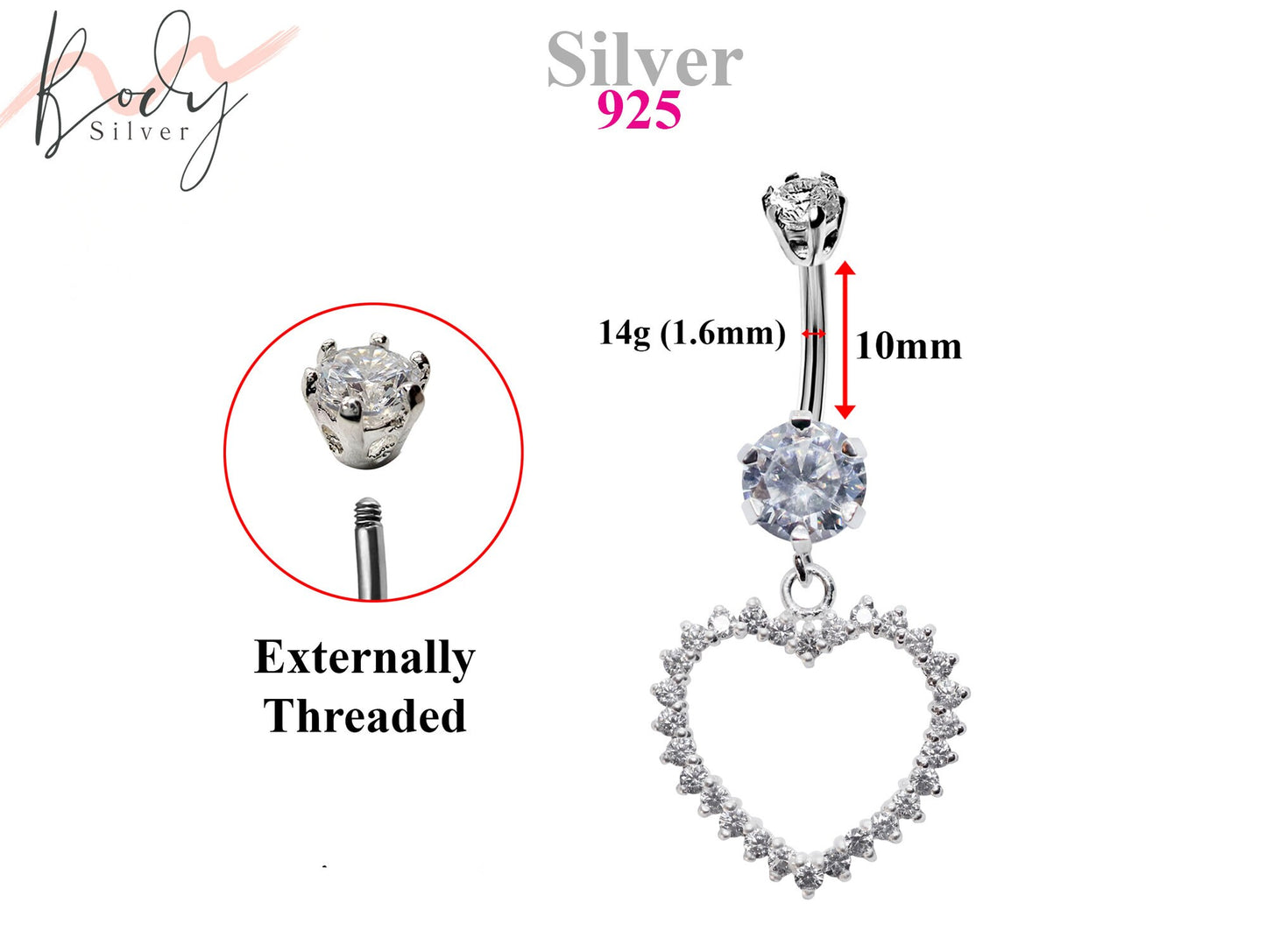 Silver Belly Button Ring, Belly Bars- Dangle Open Heart Belly Ring with High Quality Crystals - Navel Ring - 14g (1.6mm)