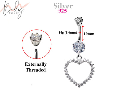 Silver Belly Button Ring, Belly Bars- Dangle Open Heart Belly Ring with High Quality Crystals - Navel Ring - 14g (1.6mm)