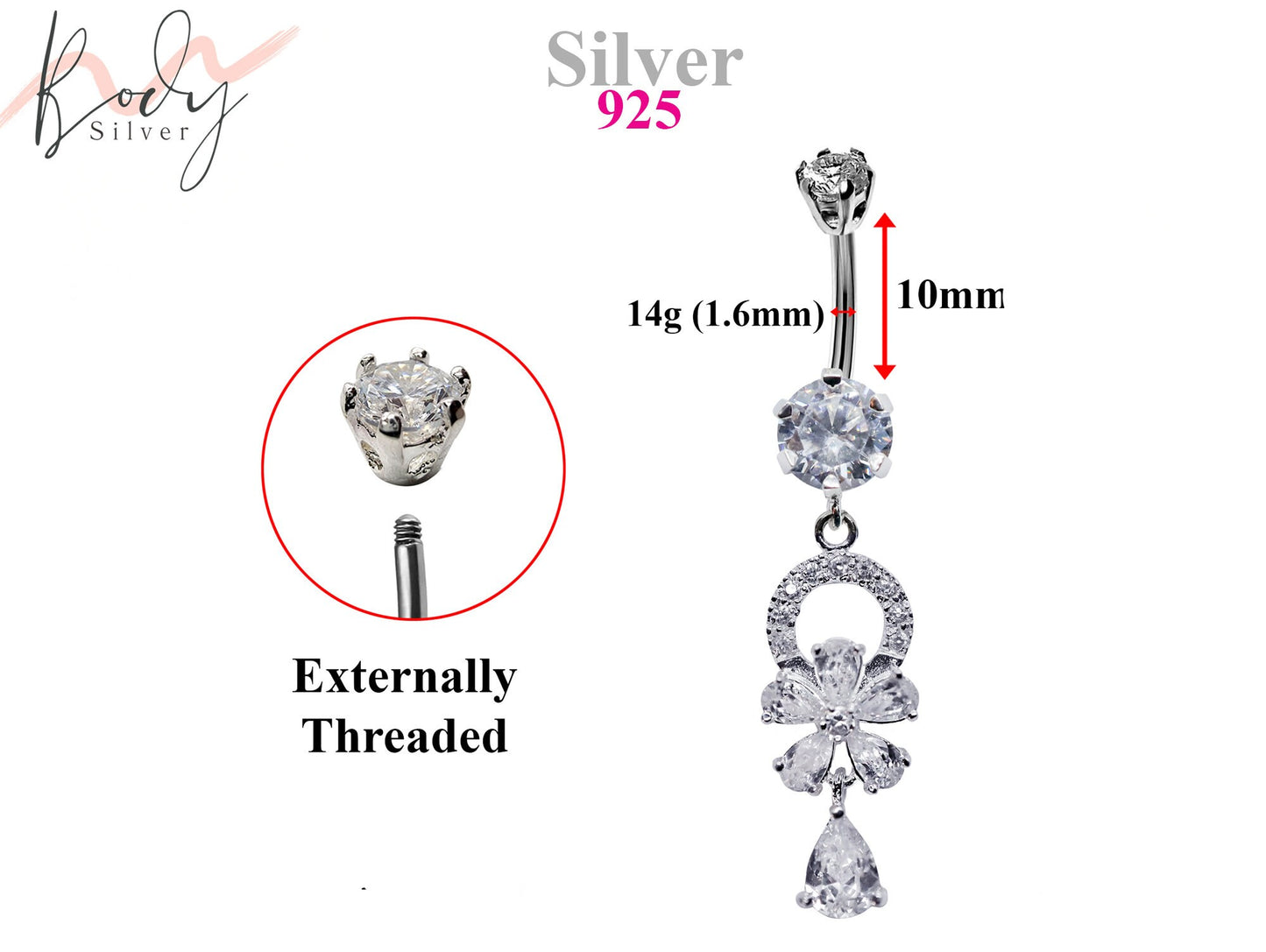 Flower Belly Bars, Navel Ring - Dangle Belly Piercing Floral with CZ Crystals - Navel Jewelry - 14g (1.6mm) Length is 10mm