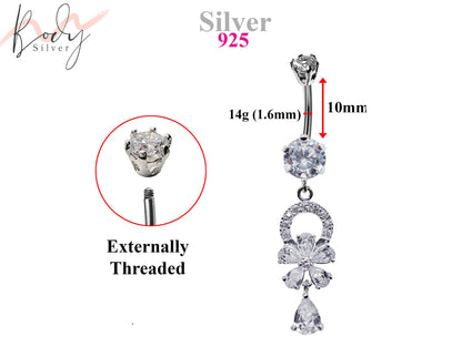 Flower Belly Bars, Navel Ring - Dangle Belly Piercing Floral with CZ Crystals - Navel Jewelry - 14g (1.6mm) Length is 10mm