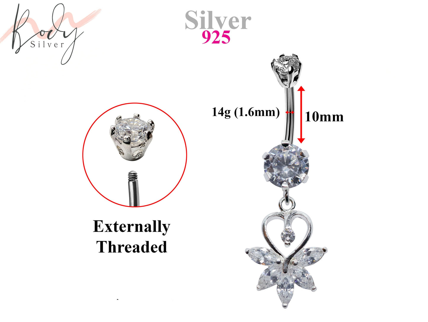 Silver Belly Button Piercing, Belly Bars - Heart Drop Belly Ring with Round Quality CZ Crystals - Navel Ring - 14g (1.6mm) Length is 10mm