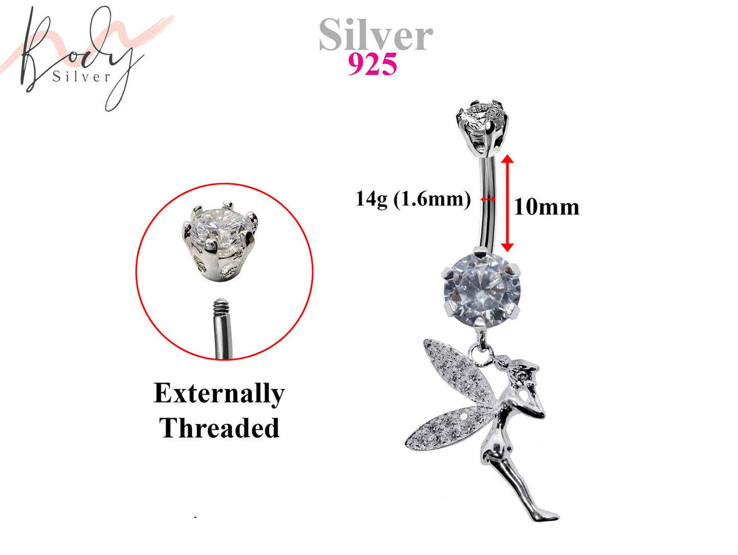 Silver Belly Button Piercing, Fairy Belly Bars - Pixie Belly Ring with Quality CZ Crystals - Navel Ring - 14g (1.6mm) Length is 10mm