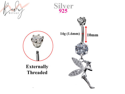 Silver Belly Button Piercing, Fairy Belly Bars - Pixie Belly Ring with Quality CZ Crystals - Navel Ring - 14g (1.6mm) Length is 10mm