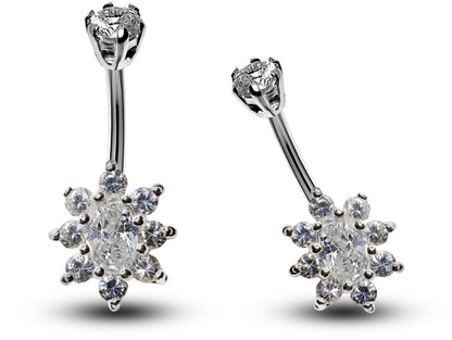 Silver Belly Button Piercing, Belly Bars - Belly Ring Flower CZ Crystals - Navel Ring - 14g (1.6mm) Length is 10mm