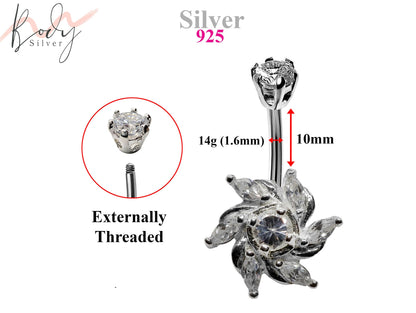 Silver Belly Button Rings, Navel Piercing - Windmill Belly Piercing with High Quality CZ Crystals -Navel Jewelry-14g (1.6mm) Length is 10mm