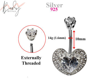 Silver Belly Button Piercing, Belly Bars - Heart Belly Ring Studded with Quality CZ Crystals - Navel Ring - 14g (1.6mm) Length is 10mm