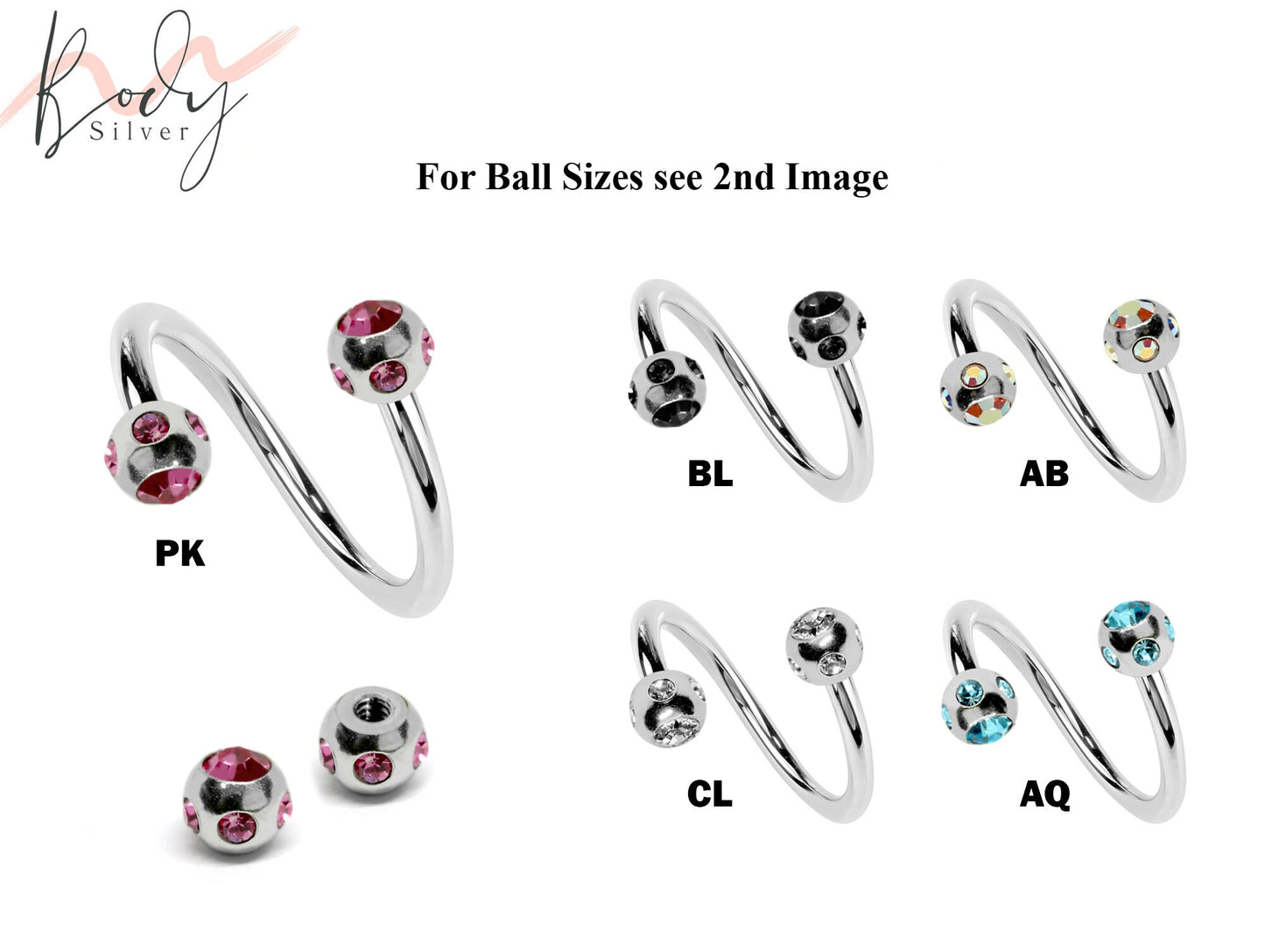 Twisted Barbell, Spiral Barbell - Twist Barbell with Multi Stone Ball - Piercing for Lip Ring, Eyebrow Piercing, Helix Earring