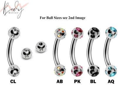 Eyebrow Piercing, Bent Barbell - Curve Barbell with Multi Stone Crystal - Piercing for Ear Tragus, Helix Earring Stud ,Daith ,Lip