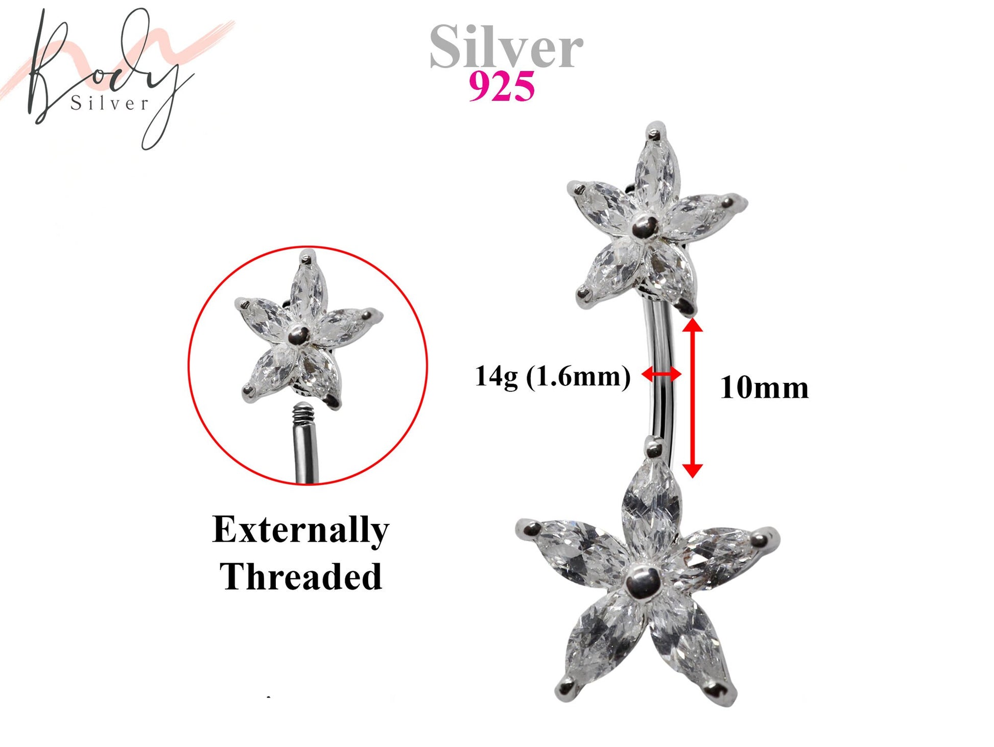 Silver Belly Button Rings, Navel Piercing -Double Flower Belly Piercing with High Quality Crystals -Navel Jewelry-14g (1.6mm) Length is 10mm