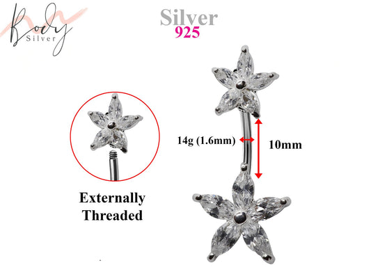 Silver Belly Button Rings, Navel Piercing -Double Flower Belly Piercing with High Quality Crystals -Navel Jewelry-14g (1.6mm) Length is 10mm