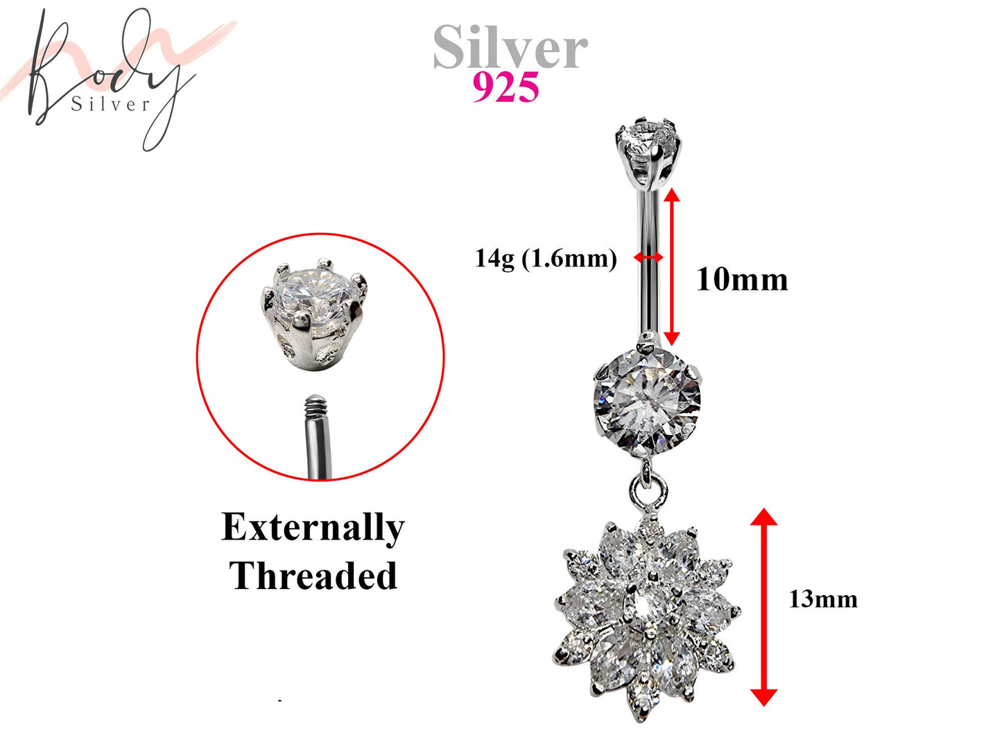 Silver Belly Button Ring, Belly Bars- Dangle drop Flower Belly Ring with High Quality Crystals - Navel Ring - 14g (1.6mm) Length is 10mm