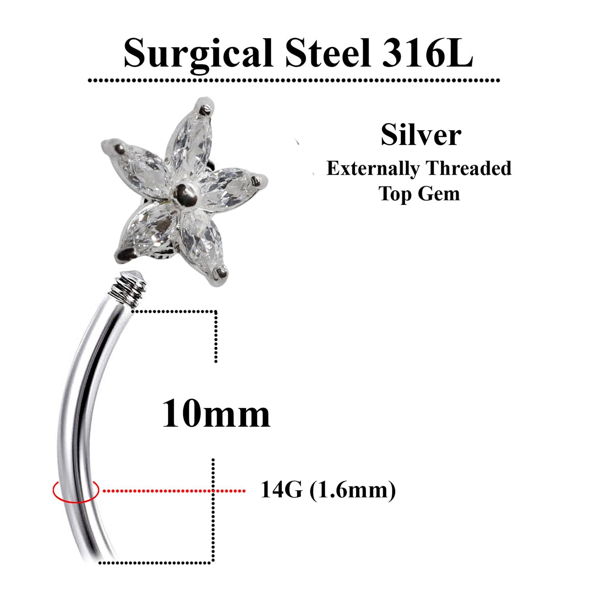 Silver Belly Button Rings, Navel Piercing -Double Flower Belly Piercing with High Quality Crystals -Navel Jewelry-14g (1.6mm) Length is 10mm