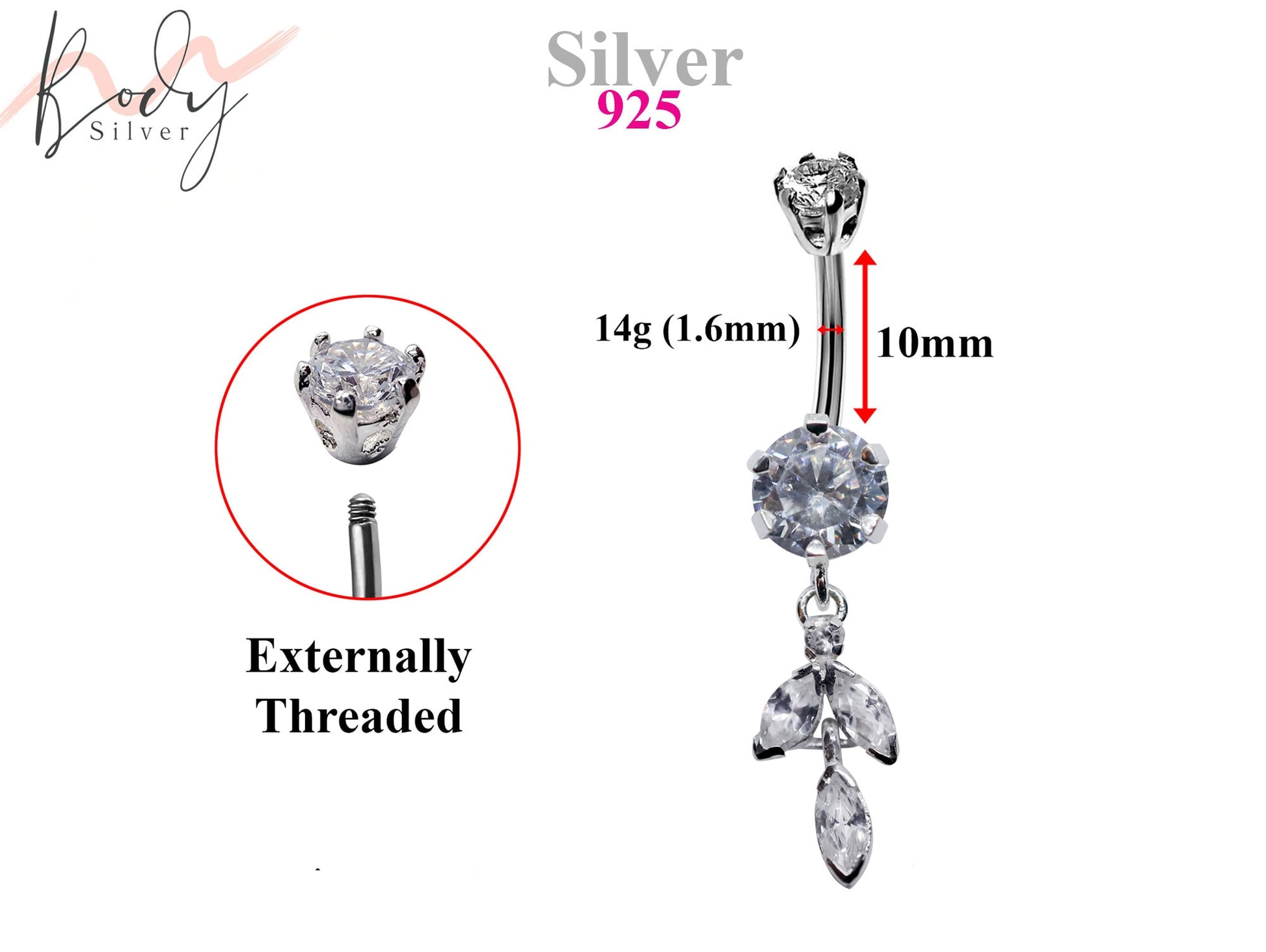 Silver Belly Button Ring, Belly Bars- Drop Dangle Belly Ring with High Quality Crystals - Navel Ring - 14g (1.6mm) Length is 10mm