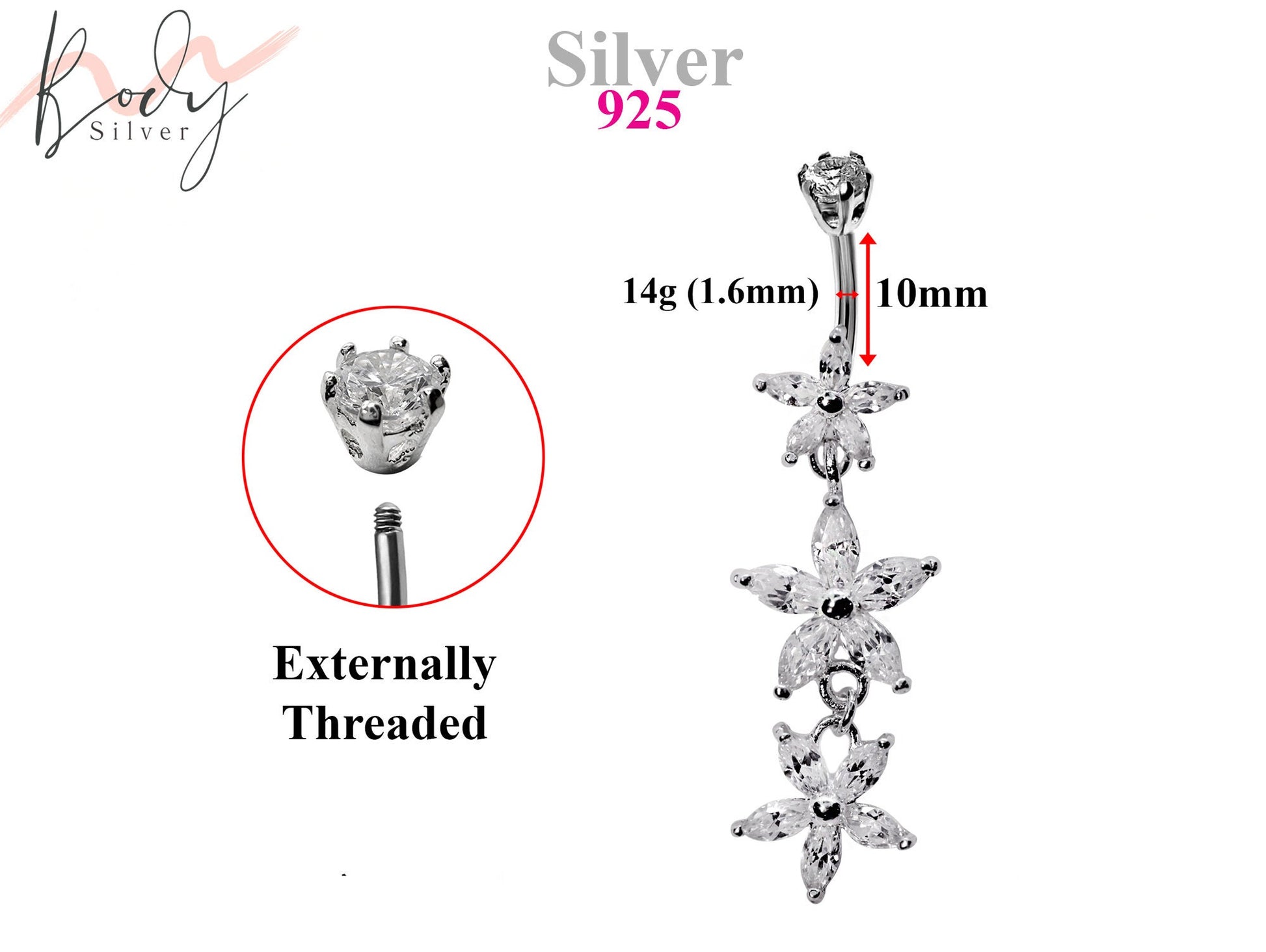 Silver Belly Button Piercing, Belly Bars - Triple dangle Flower Belly Ring with High Quality CZ Crystals Navel Ring 14g (1.6mm) Length 10mm