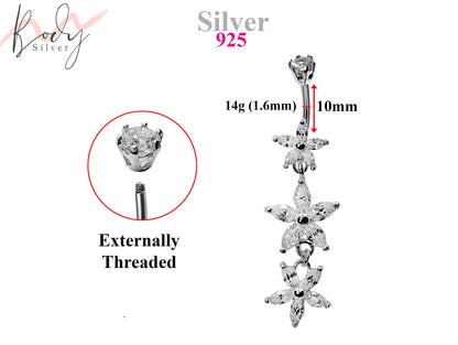 Silver Belly Button Piercing, Belly Bars - Triple dangle Flower Belly Ring with High Quality CZ Crystals Navel Ring 14g (1.6mm) Length 10mm