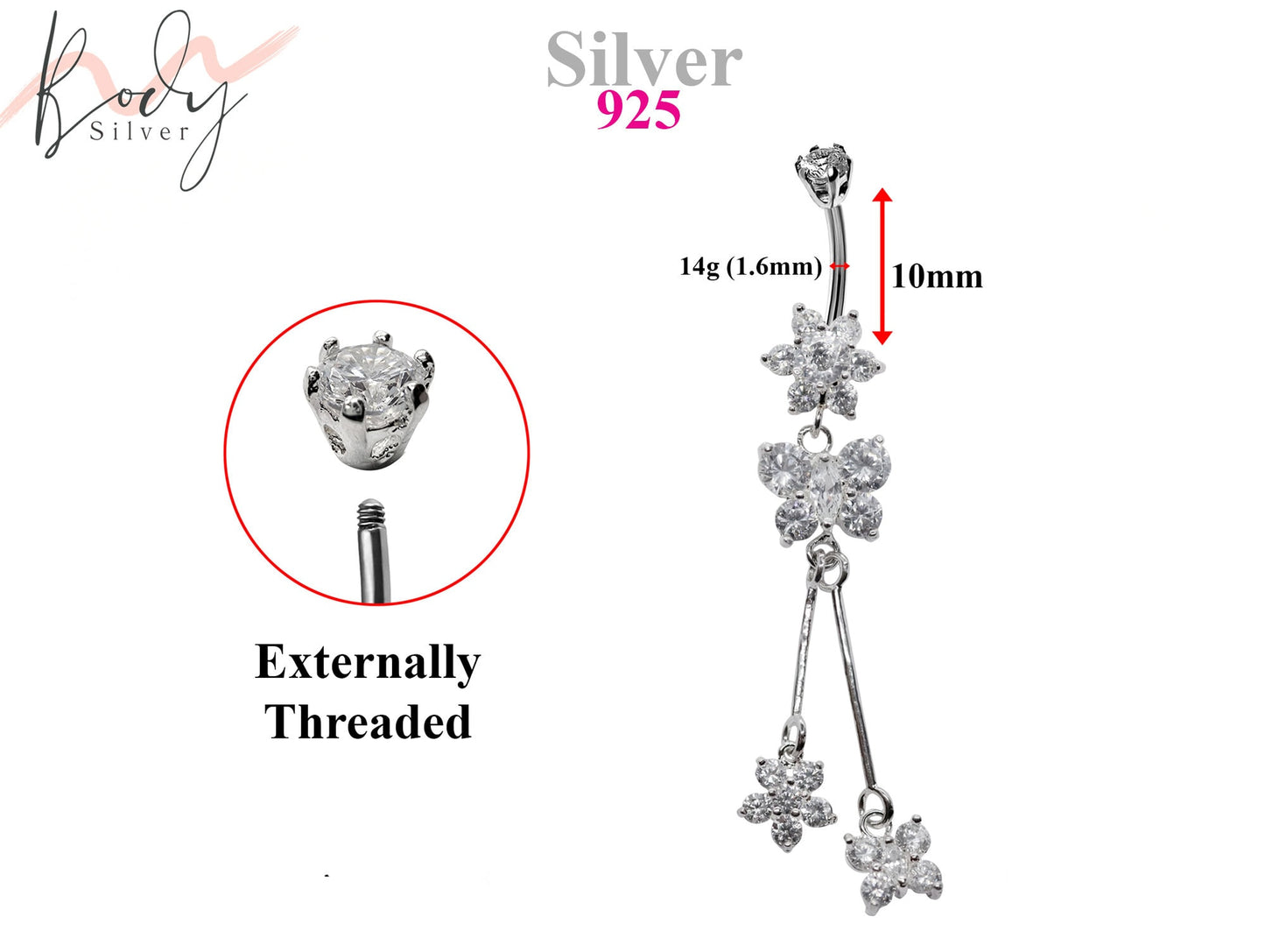 Silver Dangle Belly Button Ring, Belly Bars- Drop Butterfly and Flower Belly Ring with High Quality Crystals - Navel Ring - 14g (1.6mm)