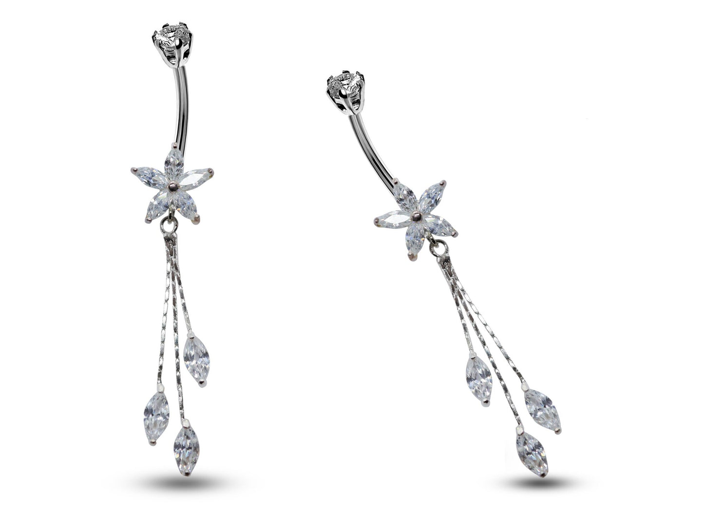 Silver Dangle Belly Bars, Navel Ring - Flower Dangle Belly Ring with Chain Drop CZ Crystals - Curved Barbell - 14g (1.6mm) Length is 8mm