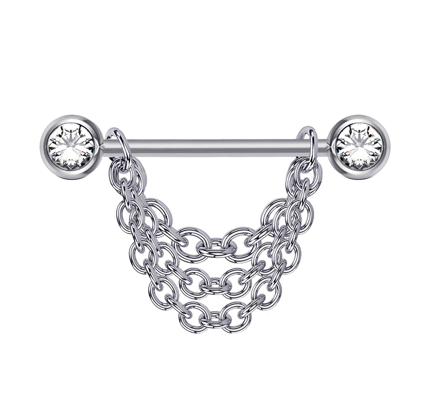 Titanium Nipple Front Face Barbell, Nipple Piercing Chain - 14g Nipple Jewelry Barbell with Chain and CZ Clear Crystals -Nipple Jewelry