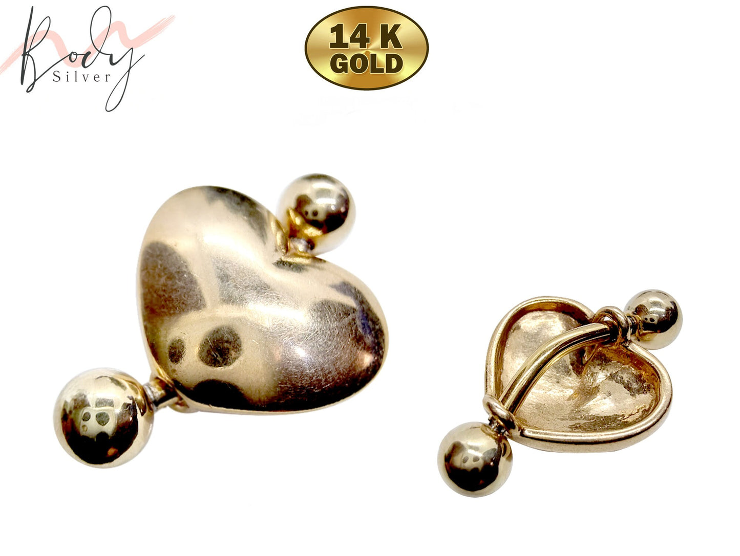 Solid Gold Belly 14K Gold Heart Belly Rings - Button Ring with Gem Stone - 14g Belly Ring - Finest Quality Gold Body Piercing Jewelry