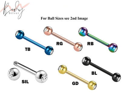 Tongue Barbell, Barbell Earrings- Straight Barbell Piercing with Gem Crystal on Both Sides . Also piercing for Nipple Bar, Nose Bridge