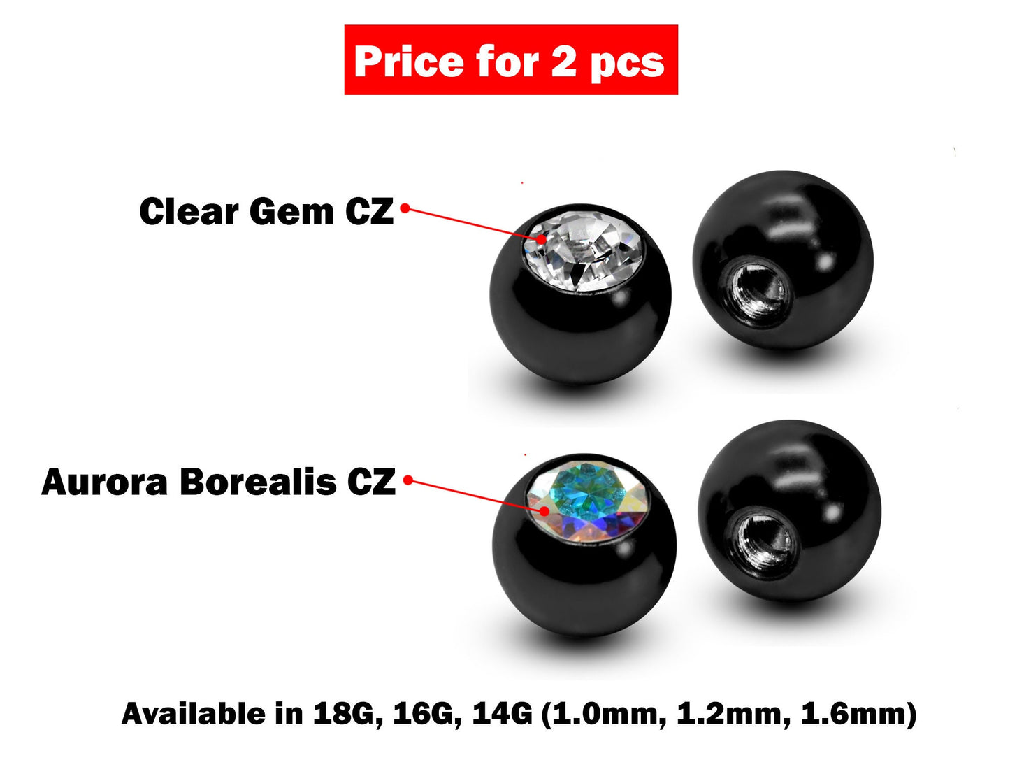 Replacement Piercing Parts Gem Ball – 2pcs Piercing Ball Crystals Loose Part Attachment for Barbell, Labret, Horseshoe Externally Threaded