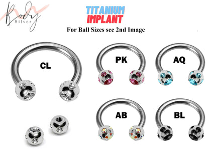 Titanium Septum Ring, Circular Barbell - Nose Ring with Multi Stone Ball - Horseshoe Piercing for Tragus Helix Eyebrow ,Nipple Ear