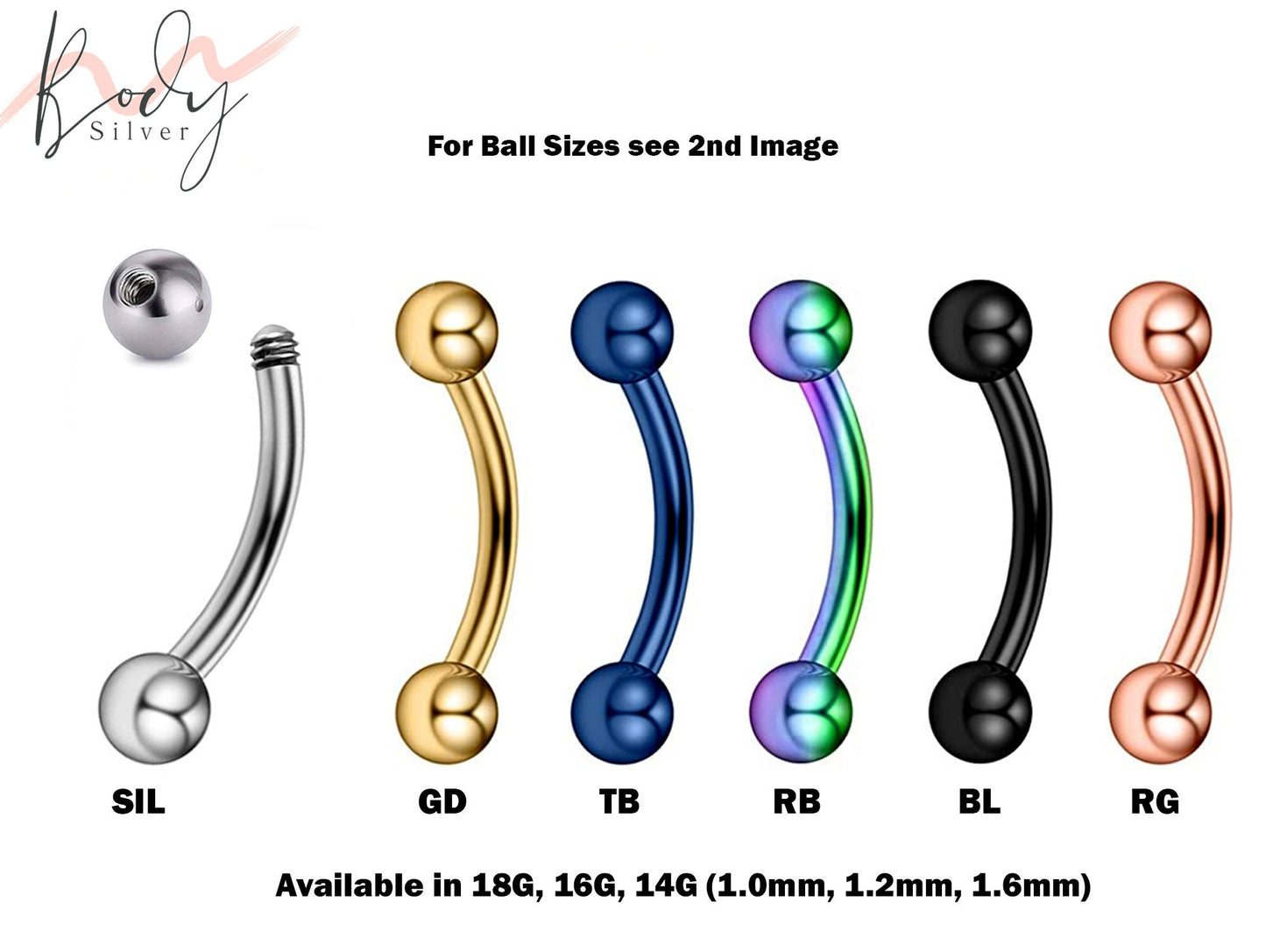 Curved Barbell, Eyebrow Piercing - Bent Barbell Body Piercing for Ear Tragus, Helix Earring Stud ,Daith, Lip, Rook Piercing - Vacuum Plated