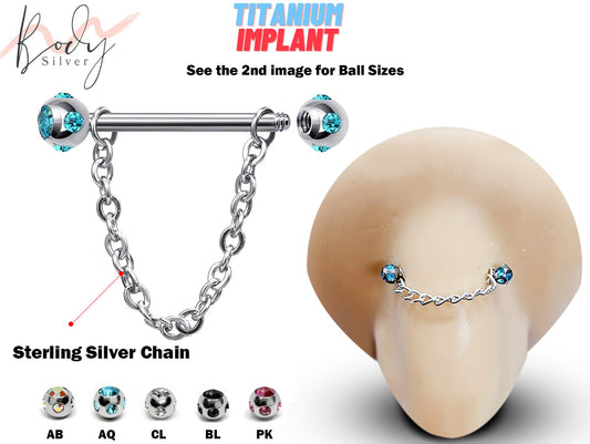 Titanium Nose Bridge Barbell Studs - Sterling Silver Chain Piercing with Barbell and Multi Crystal Ball Body Piercing, Nipple Bar, Cartilage