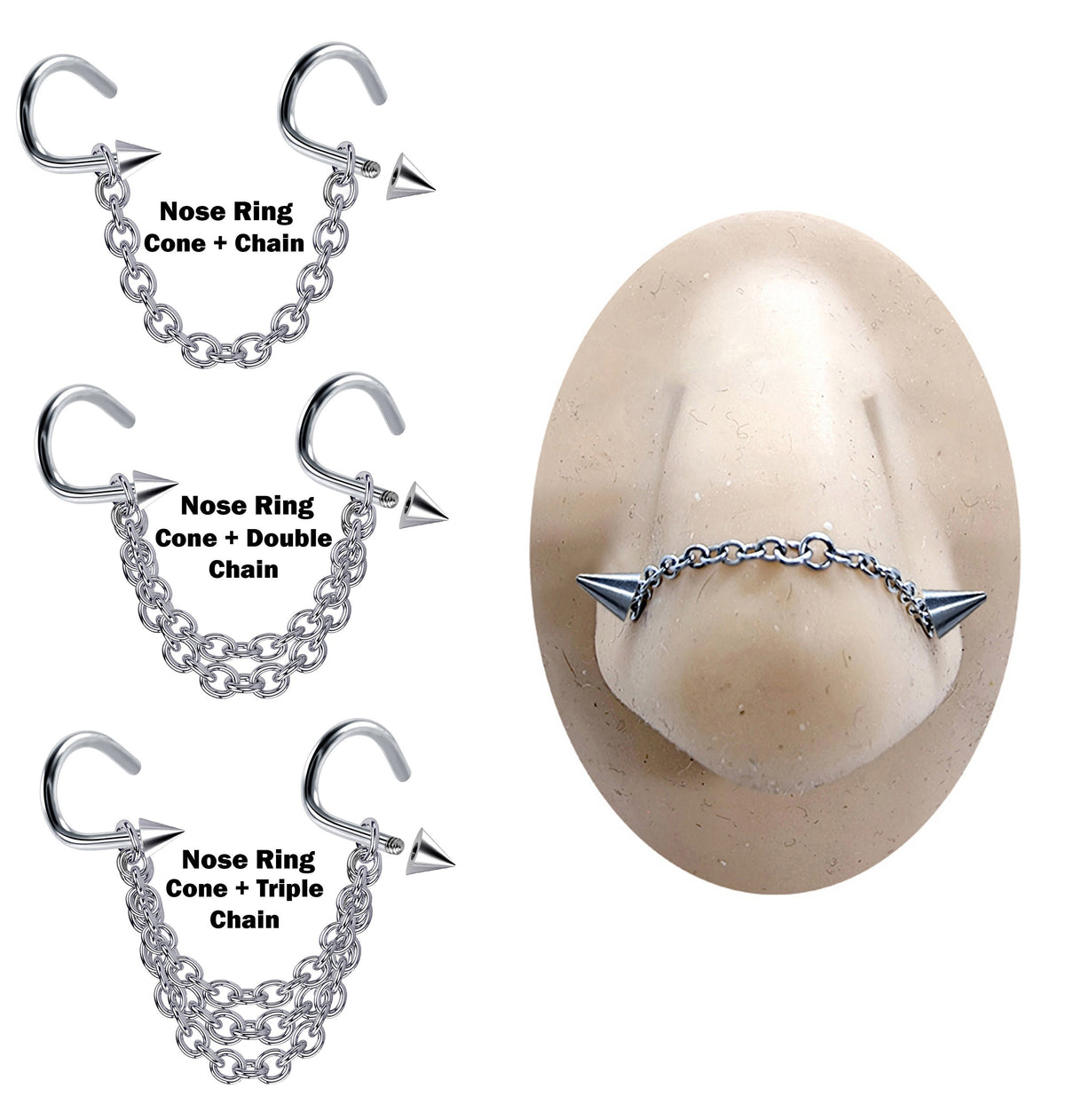 Titanium Spike Nostril Screw, Nasallang Nose Chain Nose Stud with Nostril Screw Cone/Spike - Body Piercing Nostril Jewelry with Bridge Chain