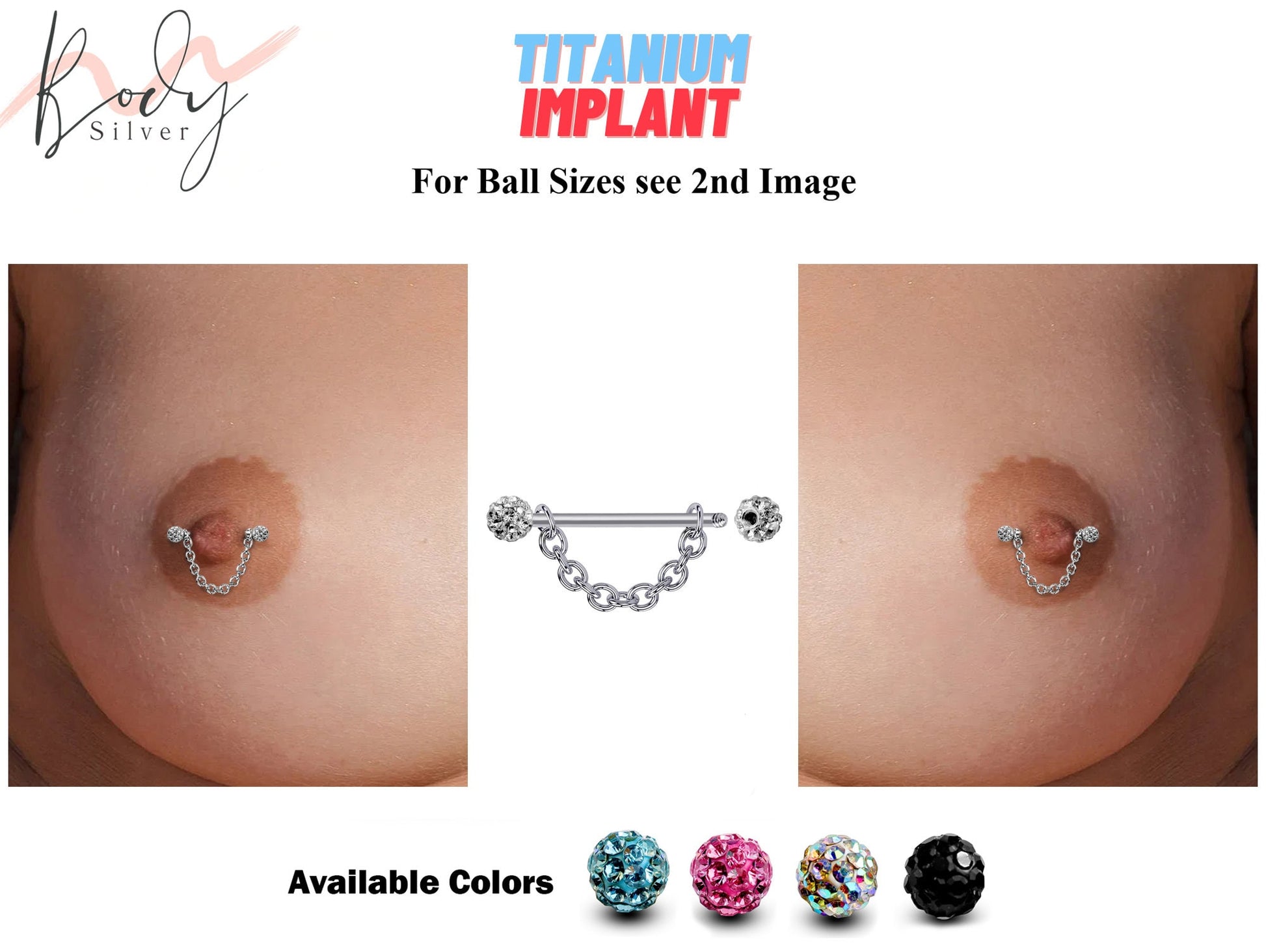 Titanium Nipple Barbell, Nipple Piercing Chain - 16g 14g Nipple Jewelry Barbell with Chain and CZ Disco Ball Crystals - Nipple Jewelry