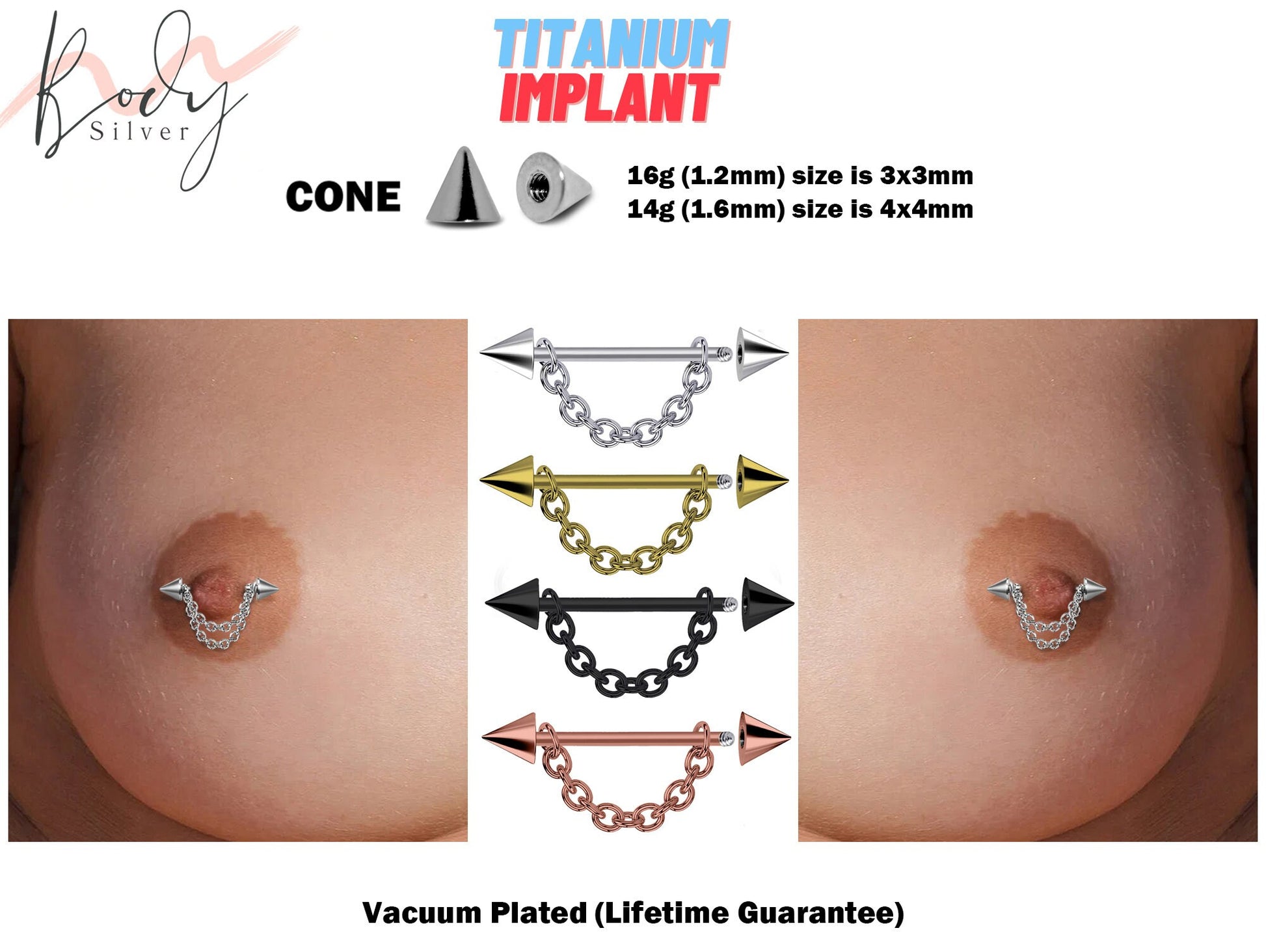 Cone Titanium Nipple Piercing Chain, Nipple Barbell - 16g 14g Nipple Jewelry Barbell with Cone Piercing - Nipple Jewelry - Vacuum Plated