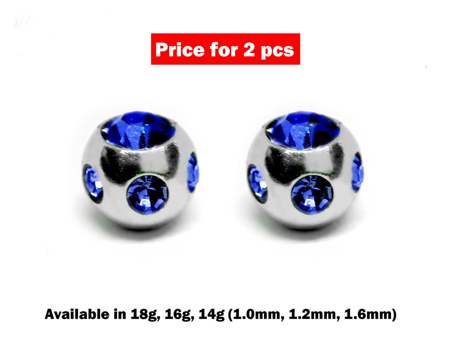 Replacement Piercing Parts Multi Stone Ball Crystal – 2pcs Loose Ball Part - Attachment for Barbell, Labret, Horseshoe Externally Threaded