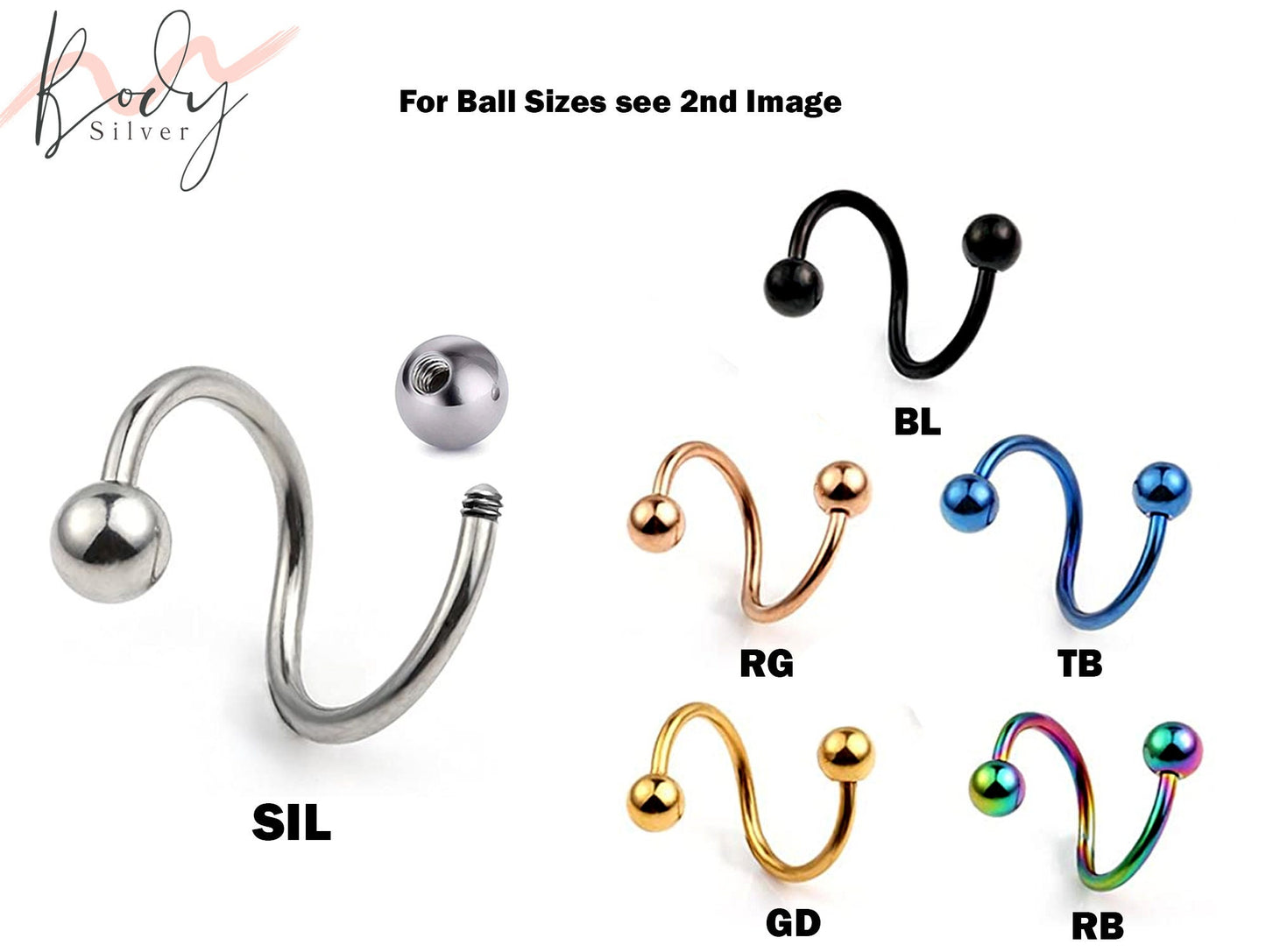 Spiral Barbell, Twisted Barbell - Surgical Steel 316L Eyebrow Piercing Body Piercing for Lip, Helix Earring Stud ,Daith