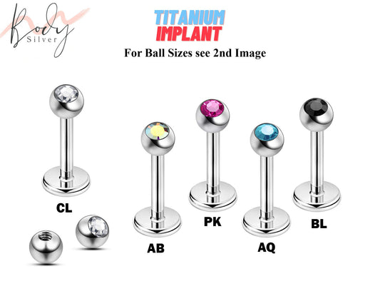 Titanium Flat Back Cartilage Earring- 18g 16g 14g Gem Ball Labret Jewelry Body Piercing for Monroe Lip Ring Tragus Helix Stud