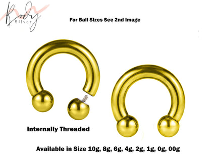 Gold Septum Ring, Horseshoe Barbell - Nose Ring Size 10g to 00g - Horseshoe Piercing for Tragus Helix Eyebrow, Nipple Ear Piercings