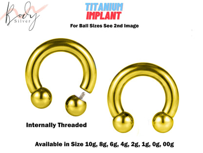 Gold Titanium Septum Ring, Horseshoe Barbell - Nose Ring Size 10g to 00g - Horseshoe Piercing for Tragus Helix Eyebrow, Nipple Ear