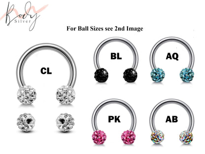 Circular Barbell, Septum Ring - Nose Ring with Ferido Crystal Ball - Horseshoe Piercing for Tragus Helix Eyebrow ,Nipple Ear Piercings