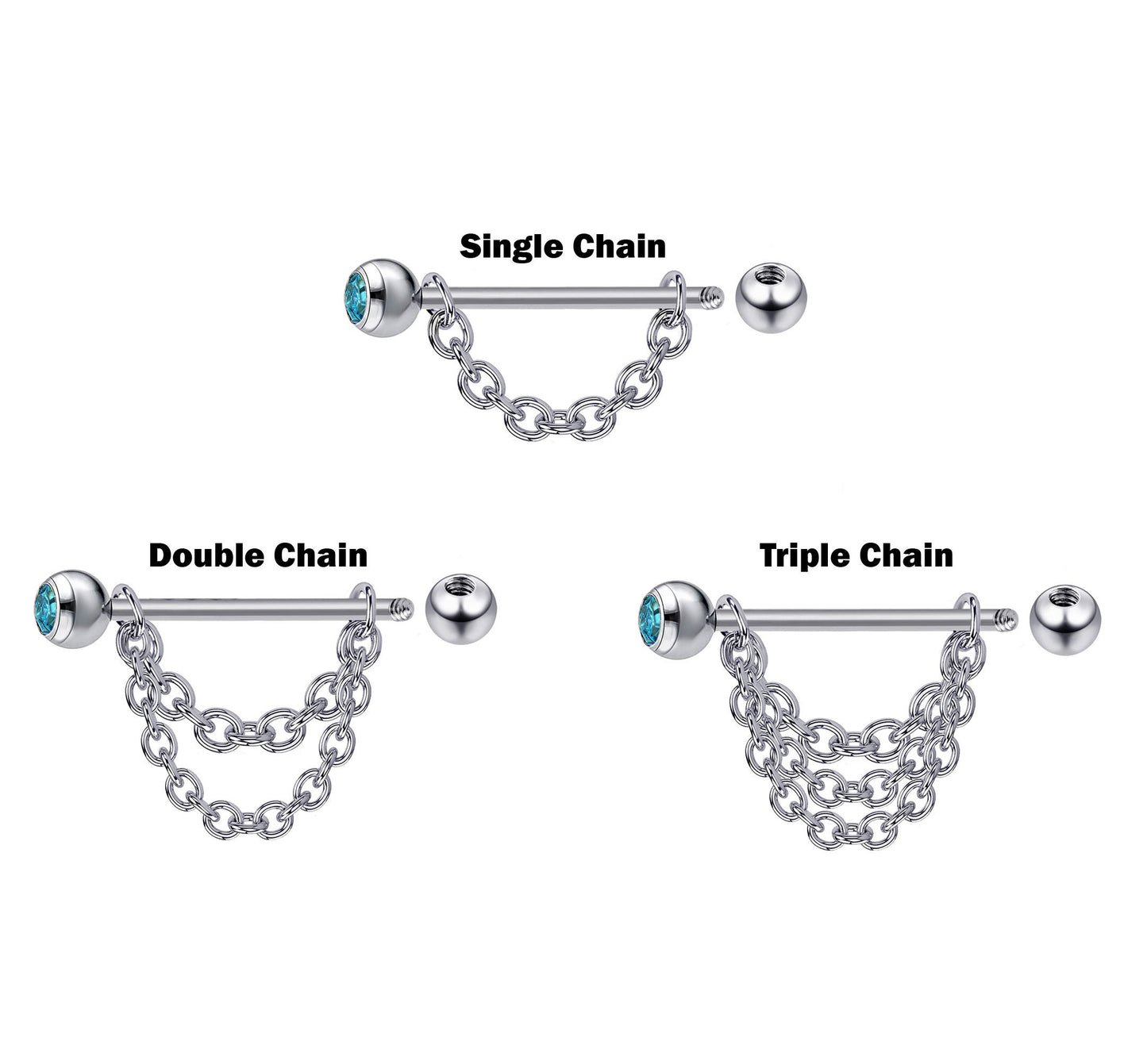 Titanium Nipple Piercing Chain, Nipple Barbell - 16g 14g Nipple Jewelry Barbell with Chain and CZ Gem Ball Crystals - Nipple Jewelry