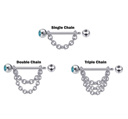 Titanium Nipple Piercing Chain, Nipple Barbell - 16g 14g Nipple Jewelry Barbell with Chain and CZ Gem Ball Crystals - Nipple Jewelry