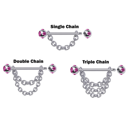 Titanium Nipple Piercing Chain, Nipple Barbell - 16g 14g Nipple Jewelry Barbell with Chain and Multiple Gem Crystals - Nipple Jewelry