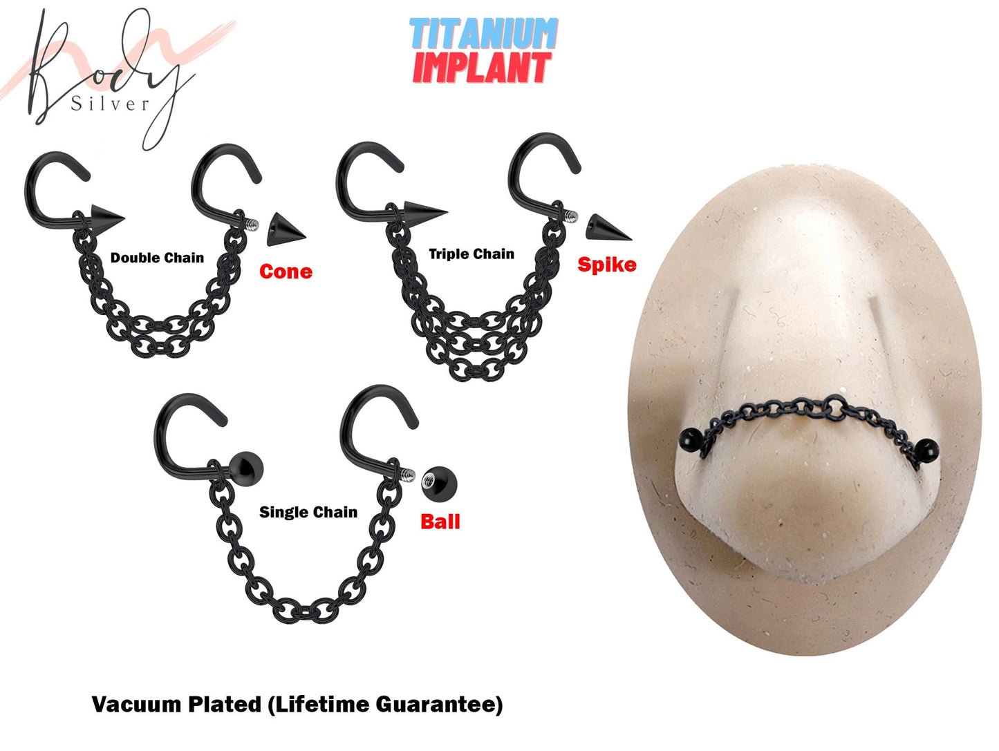 Titanium Nasallang Nose Chain Piercing - Nose Piercing with Black Chain and Nostril Screw - Nostril Jewelry with Bridge Chain