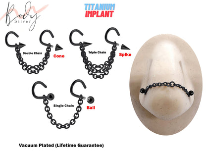 Titanium Nasallang Nose Chain Piercing - Nose Piercing with Black Chain and Nostril Screw - Nostril Jewelry with Bridge Chain